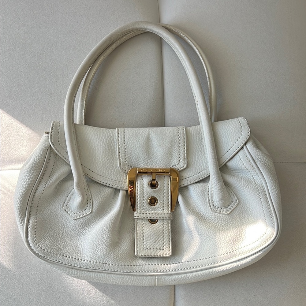 CELINE White Leather Shoulder Bag with Gold Clasp